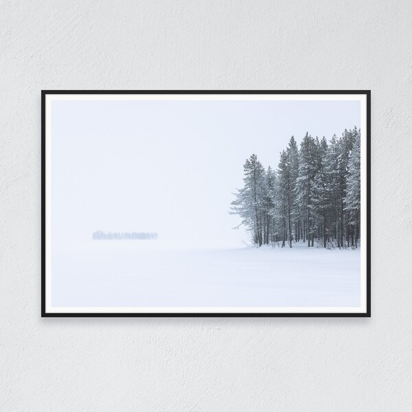 Fine art print | Finland | Frozen lake during snowfall | Nordic nature photo | Minimalist decor | Winter wonderland landscape