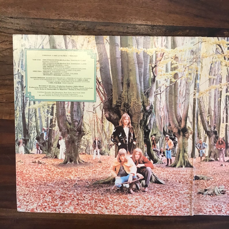 May include: A vintage vinyl record album cover featuring a band of three men standing in a forest. The album is titled "Trilogy" by Emerson, Lake & Palmer. The album cover is a psychedelic image with a green and yellow color scheme.