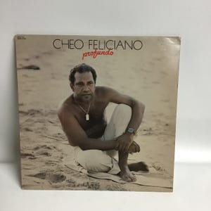 May include: A vinyl record cover featuring a photo of Cheo Feliciano, a Latin music singer, sitting on a beach. The album title "profundo" is printed in red letters on the cover.