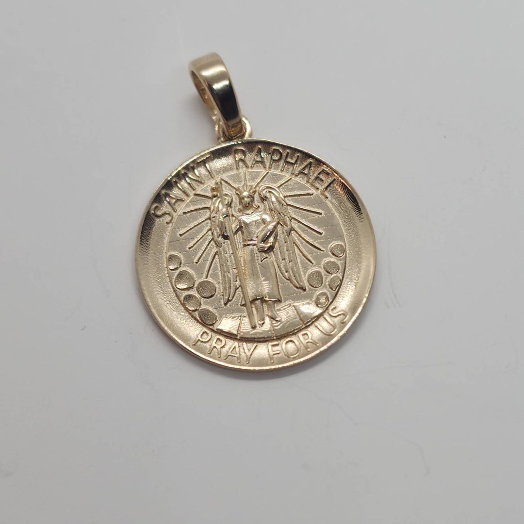 14KT Yellow Gold St Raphael Patron Saint of Healing Pray for Us Round