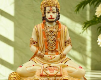 Meditative Hanuman Murti | Marble Finish Hindu God Figurine with Ramayan Book