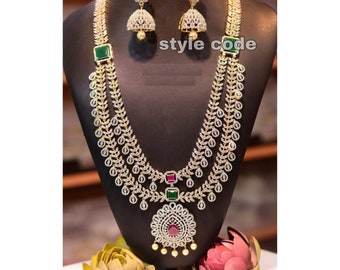 American Diamond Long Haar Necklace | Indian Bridal Jewelry, Jhumka Earrings