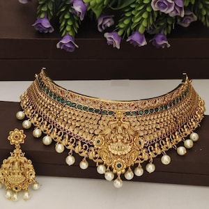 Bridal choker/Gold Choker Necklace/ South Indian Jewelry/Temple Necklace /Antique Gold choker Necklace/Indian Wedding Jewelry/ Party Wear.