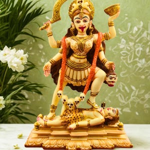 Goddess Kali Idol Standing on Shiva | Marble Finish Kali Ma Statue | Fierce Hindu Goddess Murti for Home, Puja & Spiritual Decor
