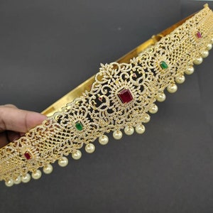 Bridal ruby emerald CZ hip belt/women gold hipbelt/white waist belt/South India hip belt/Saree hip belt/India wedding jewelry/India vaddanam