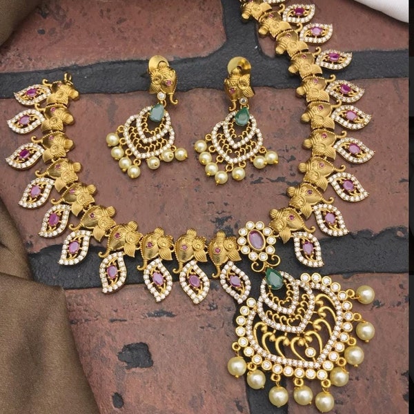 Pakistani jewelry /Premium Quality CZ stone Necklace with Beautiful Jhumka / Gold Jewelry Replica /CZ Imitation necklace set/Trendy full set