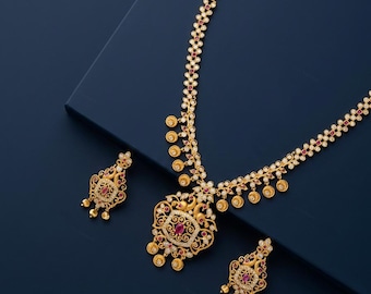 Peacock Kundan Temple Necklace Set with Pearl Earrings
