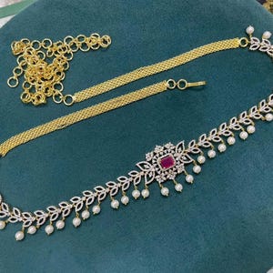 Indian Bridal Vaddanam | Kamarbandh Hip Chain | South Indian Wedding Jewelry Belt | CZ Pearl Waist Belt with ruby Stone Center