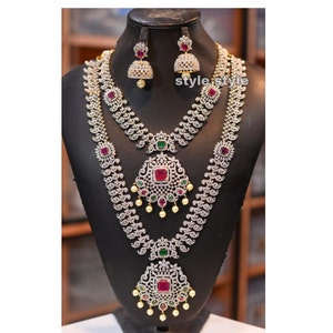 Gj polish necklace set, India AD damond necklace set, Bridal combo necklace set, Emerald Diamond Set, Pakistan Necklace set, wedding jewelry