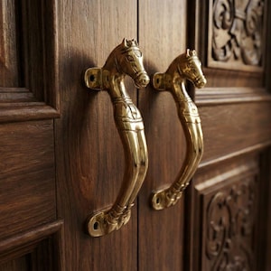May include: Close-up of a pair of brass door handles shaped like horse heads. The handles are mounted on a dark brown wooden door with carved details. The handles have a curved design.
