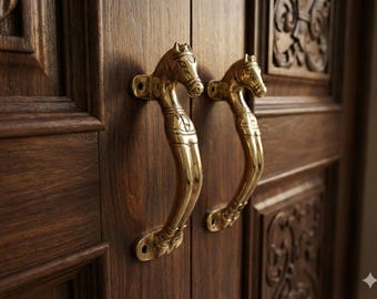 Brass Horse Door Handle Pair | Solid Brass Animal Head Pulls | Vintage Style Main Door Hardware | Indian Entrance Decor Handles