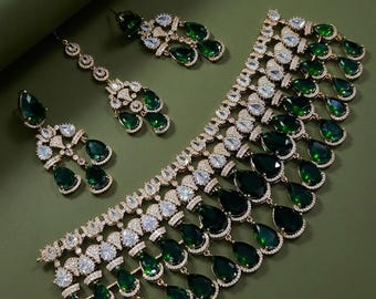 Victorian Emerald Green Bridal Jewelry Set with CZ Choker