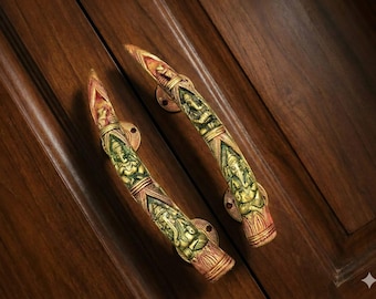 Brass Ganesha Door Handle Pair – Antique Indian Decor, 11"