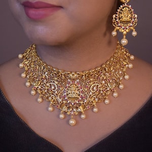 Indian Choker Jewelry Jewellery Necklace Set/ Bollywood Style Gold Finish South Indian bridal Jewelry/ Bridal choker/Gold Bridesmaid Jewelry