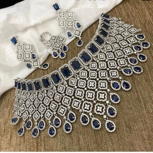 American diamond bridal choker set with earrings and tikka, heavy ad necklace set with earrings and tikka and Party Wear Necklace.