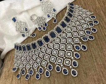 Amerikanischer Diamant Braut Choker Set, Ohrringe, Tikka, indischer Schmuck