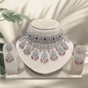Bridal CZ Choker Necklace Set with Ruby Drops | Kundan Style Wedding Jewelry | Indian Designer Necklace Earrings for bridal wear.