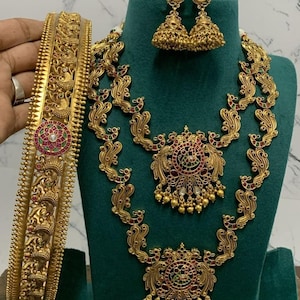 Gold Plated Bridal Necklace Set with Earrings and Waist Belt - Traditional Indian Jewelry for Weddings and Special Occasions.