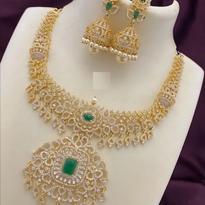 Handcrafted Gold-Polish CZ Indian Jewelry - Bridal Elegance/ Traditional Indian CZ Stone Jewelry/ Gold-Plated Beauty/ Ethnic Indian Charm.