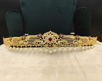 Gold Finish Saree Belt: Delicate Pearl Indian Hip Chain 