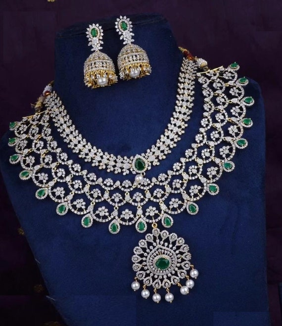 【美品】American Indian Jewelry「 Ⅱ 」「 Ⅲ 」 American Diamond Necklace Set Paired With Maangtika and