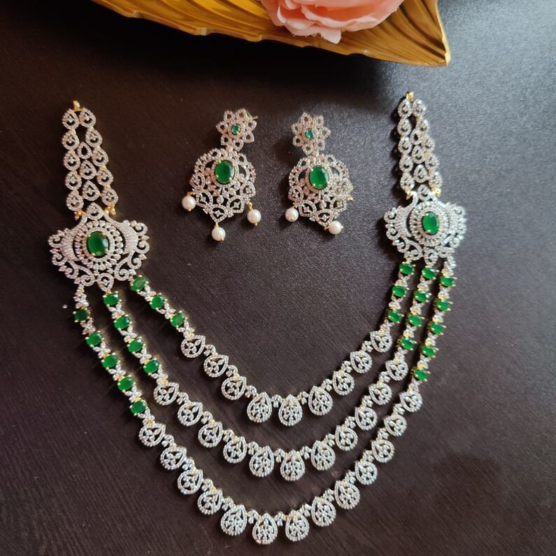 Emerald CZ 3 Tier Necklacemini Haar Necklace two Layers AD Necklacediamond 3 Step