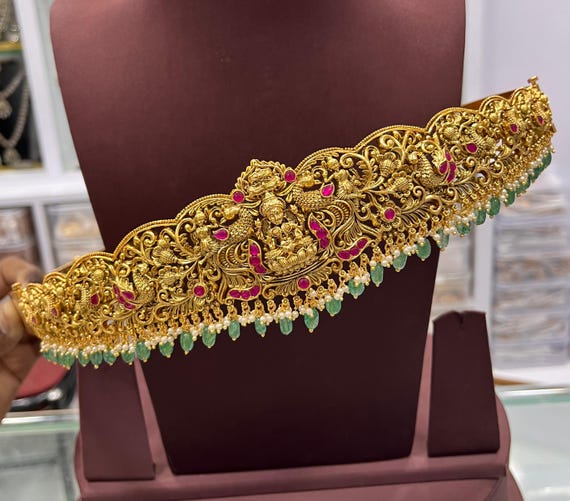 Temple Design Gold Waist Belt | Lakshmi Vaddanam With Ruby 