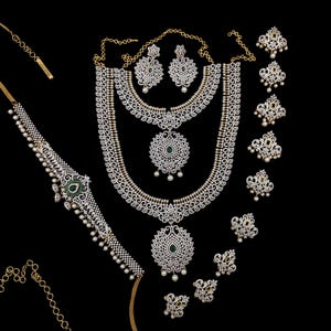 American Diamond Finish Long Necklace Set, Multi layer Necklace set, Elegant Jewelry, Unique Jewelry, Indian, Pakistani jewelry Necklace