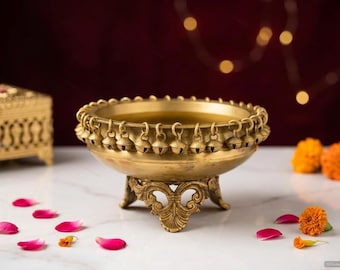 Brass Urli Bowl with Hanging Bells – Pooja &amp; Home Decor