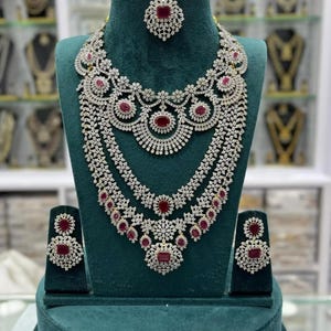 Emerald 5 layer CZ Long Necklace | Indian heavy bridal Jewelry | Pakistani Jewelry | Long Necklace | AD Diamond Necklace | Statement Jewelry