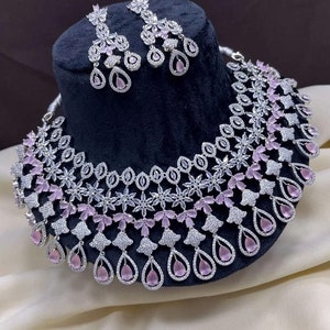 Girocollo da sposa con diamanti americani con orecchini, collana pubblicitaria pesante con orecchini, set girocollo indiano, collana girocollo Statement.
