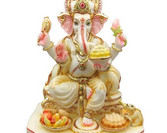 Hand-Painted Lord Ganesha Statue: Marble Dust, Indian Elephant God