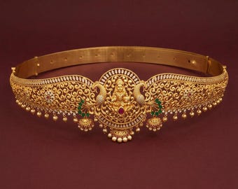 CZ Stone Lakshmi Vaddanam Indian Bridal Waist Chain Nakshi Work