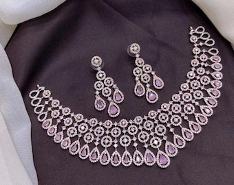 Diamond Crystal Beaded Silver Choker Necklace, Indian Handmade Jewelry, Rose Quartz CZ Wedding Polki Zircon Bridal Necklace