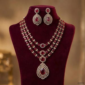 Brautschmuck-Set mit rubinrotem Zirkonia | Vergoldeter indischer Hochzeitsschmuck | Tropfenförmige Ohrhänger