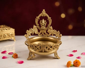 Antique Gold Ganesha Diya with Peacock Design – Brass Loo...