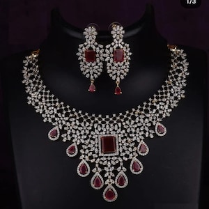 Bridal Necklace Set/India jewelry/Bridal jewelry/Ruby Studded American Diamond Necklace/Pakistan Jewelry/Statement Necklace/CZ Jewelry Set