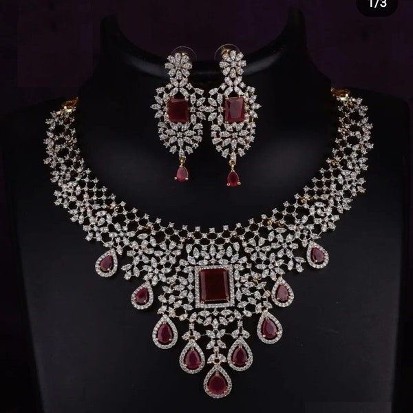 Bruids ketting set/India sieraden/bruids sieraden/Ruby bezaaid Amerikaanse diamanten halsketting/Pakistan sieraden/verklaring ketting/CZ sieraden set
