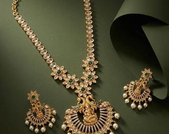 Lakshmi Temple Necklace Set with Pearl Drop Earrings