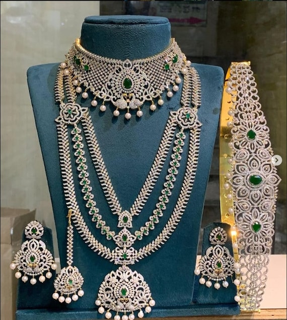 American Diamond Necklace Long Haar HipBelt Mangtika Bridal Set CZ Stone  Crystal Bead High Silver Tone Indian Wedding Jewelry Dulhan Jewelry