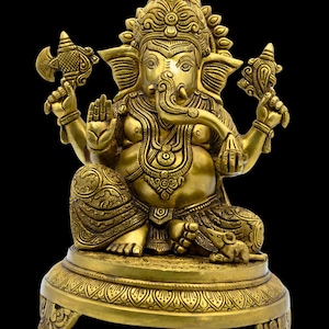 Brass Lord Ganesha Idol, Vighnaharta Ganesh Statue, Ganapati Sitting Sculpture, Antique Ganesha Figurine, Decorative Ganesh Idol Brass.