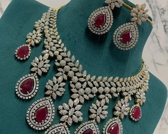 CZ Stone Choker Set: American Diamond Indian Bridal Jewelry