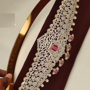 Gold Polish CZ Bridal Hip Belt | Traditional Vaddanam for Wedding | CZ Stone Ad Polish Vaddanam | Indian Bridal Saree Hip Chain