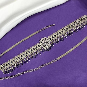Victorian Hip Chain with Green Stones | Antique Finish Kamarbandh Waist Belt | CZ Stone Bridal Vaddanam | One Gram Gold Victorian Waist belt