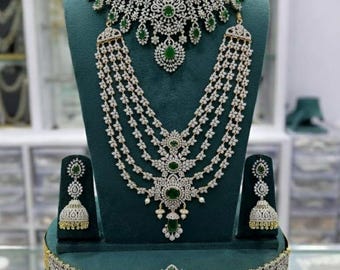Green Stone Imitation Diamond Indian Bridal Jewelry Set