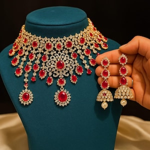American DIAMOND Choker NECKLACE Set With Earring Combo, Cz Stone Made Designer, Indian Bridal Necklace, Dangle Earring Fashion Jewellery.