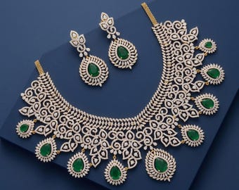 Green CZ American Diamond Choker Set: Indian Wedding Jewelry