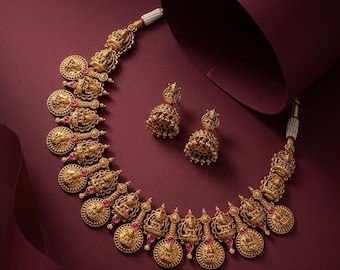 Lakshmi Coin Temple Necklace Set with Jhumkas