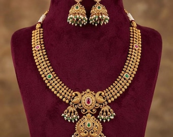 Antique Gold Temple Necklace Set with Jhumka Earrings