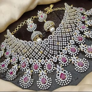 American DIAMOND Choker NECKLACE Set With Earring Combo, Cz Stone Made Designer, Indian Bridal Necklace, Dangle Earring Fashion Jewellery.